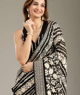 Black Threadwork Georgette Saree