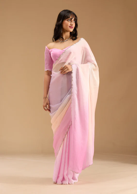 Baby Pink Silver Stonework Satin Saree - Image 2
