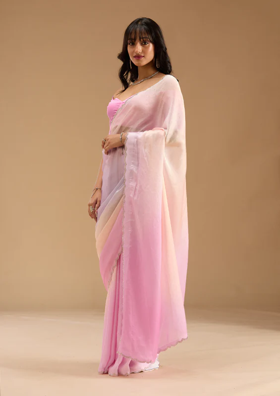 Baby Pink Silver Stonework Satin Saree - Image 4