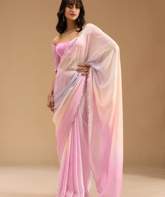 Baby Pink Silver Stonework Satin Saree