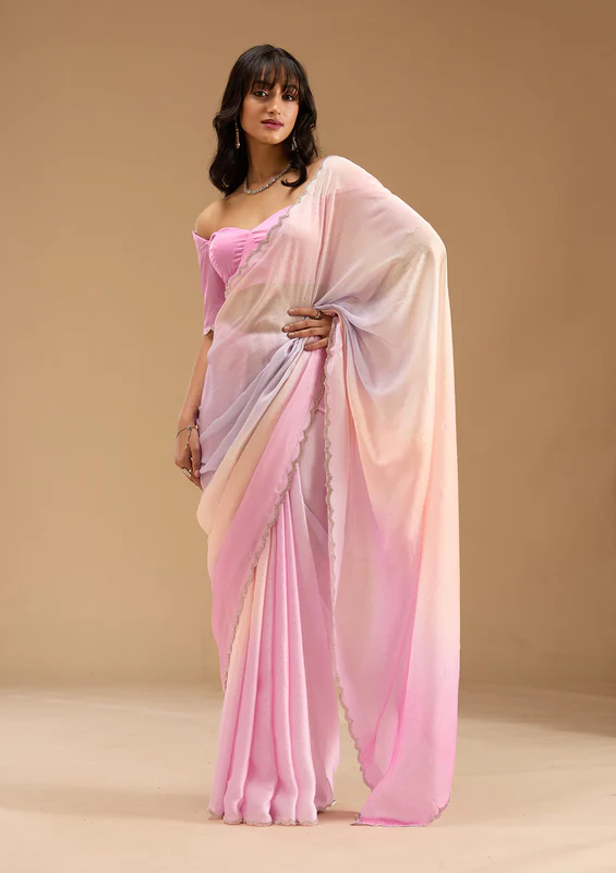 Baby Pink Silver Stonework Satin Saree
