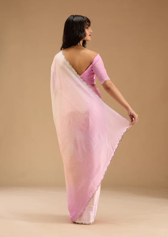 Baby Pink Silver Stonework Satin Saree - Image 5