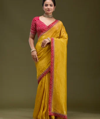 Mustard Printed Satin Saree