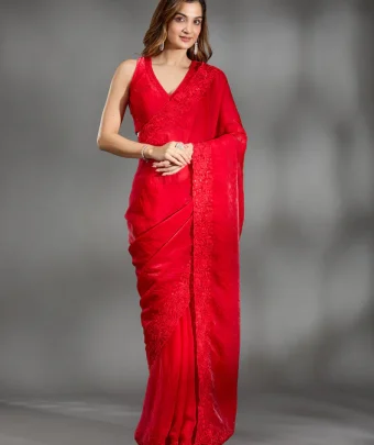 Red Threadwork Tissue Saree