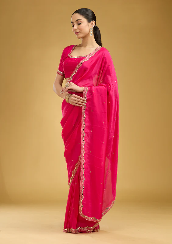 Rani Pink Cutwork Tissue Saree - Image 4