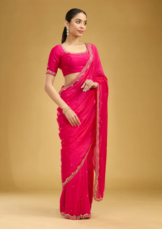 Rani Pink Cutwork Tissue Saree - Image 3