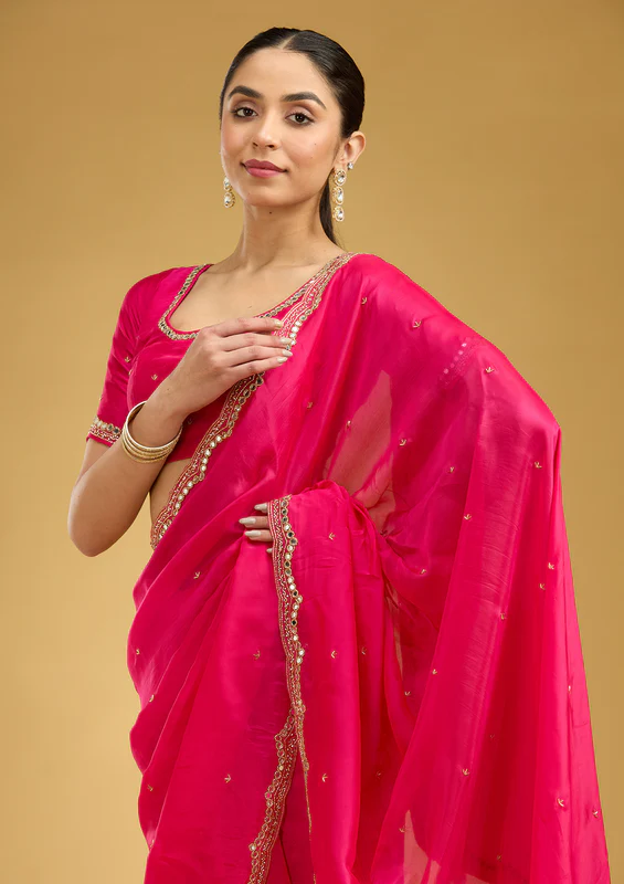 Rani Pink Cutwork Tissue Saree - Image 2