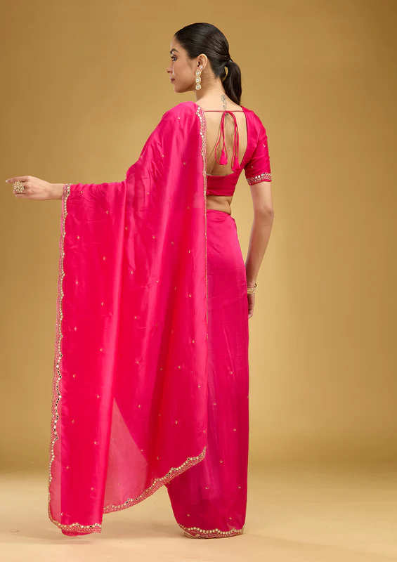 Rani Pink Cutwork Tissue Saree - Image 5