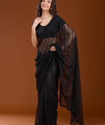 Black Sequins Net Saree