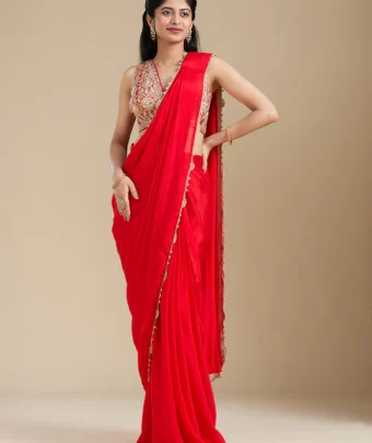 Red Cutdana Satin Saree