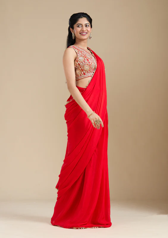 Red Cutdana Satin Saree - Image 5