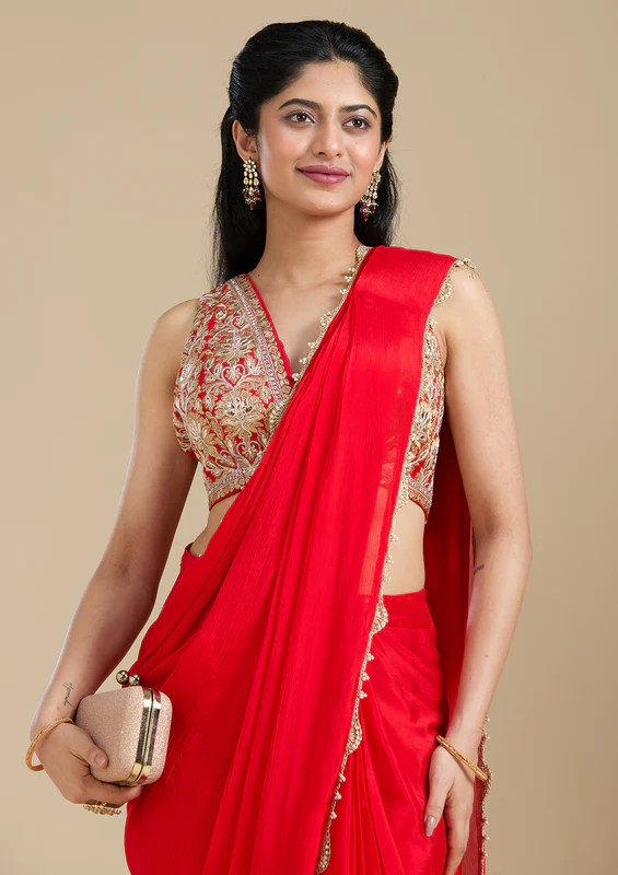 Red Cutdana Satin Saree - Image 2