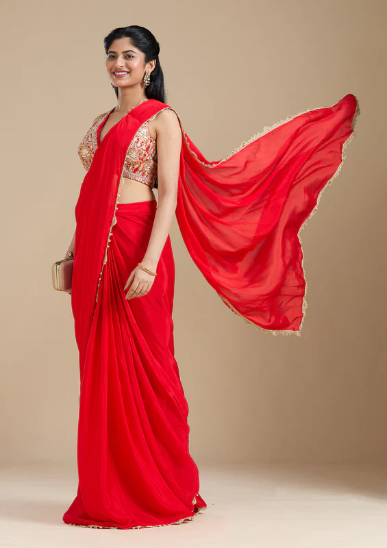 Red Cutdana Satin Saree - Image 3