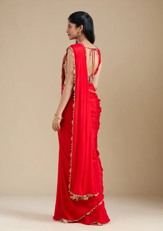 Red Cutdana Satin Saree - Image 4