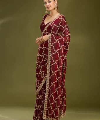 Dark Maroon Cutdana Tissue Saree
