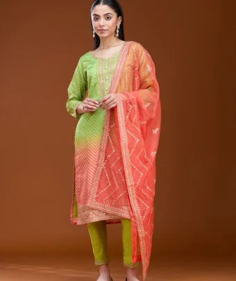 Parrot Green Sequins Soft Raw Silk Readymade Salwar Suit