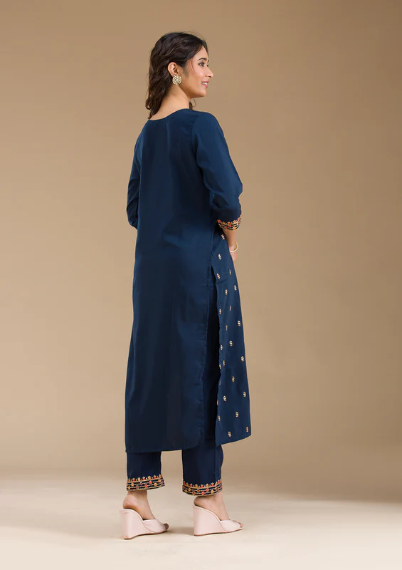 Navy Blue Threadwork Semi Crepe Readymade Salwar Suit - Image 4