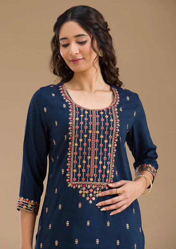 Navy Blue Threadwork Semi Crepe Readymade Salwar Suit - Image 2