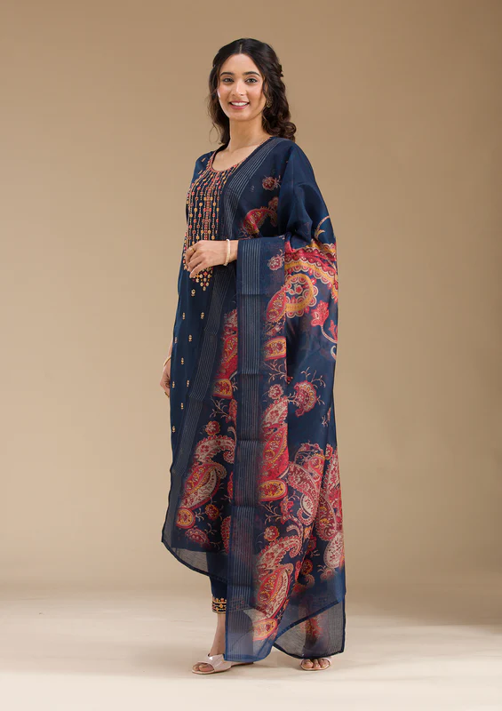 Navy Blue Threadwork Semi Crepe Readymade Salwar Suit - Image 3