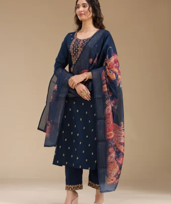 Navy Blue Threadwork Semi Crepe Readymade Salwar Suit