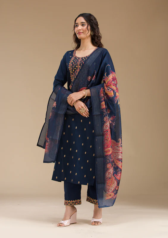 Navy Blue Threadwork Semi Crepe Readymade Salwar Suit