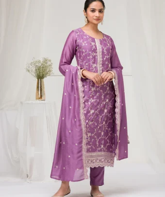 Lavender Threadwork Raw Silk Readymade Salwar Suit