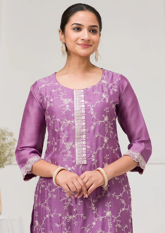 Lavender Threadwork Raw Silk Readymade Salwar Suit - Image 3