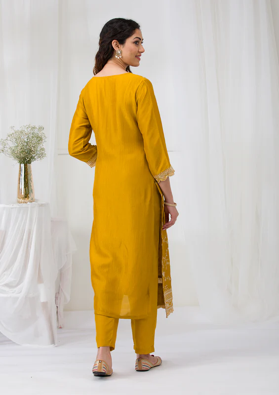 Yellow Sequins Soft Raw Silk Readymade Salwar Suit - Image 4
