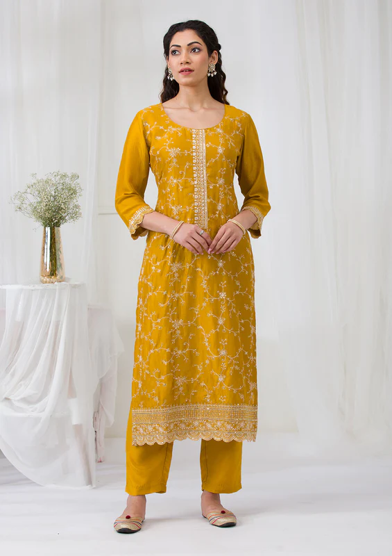 Yellow Sequins Soft Raw Silk Readymade Salwar Suit - Image 2