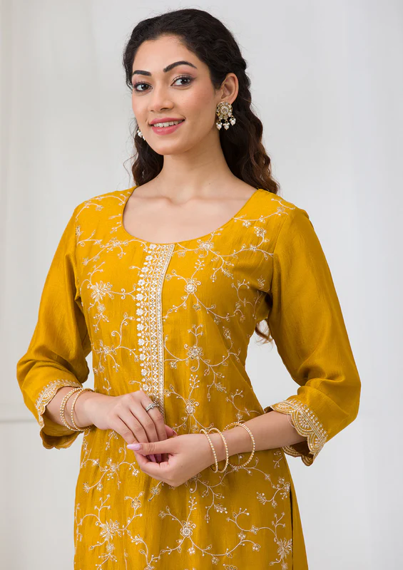 Yellow Sequins Soft Raw Silk Readymade Salwar Suit - Image 3