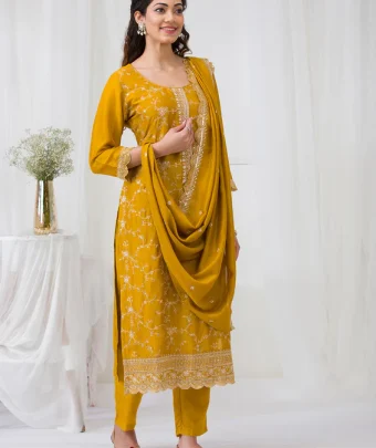 Yellow Sequins Soft Raw Silk Readymade Salwar Suit