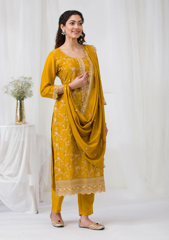 Yellow Sequins Soft Raw Silk Readymade Salwar Suit