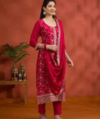 Rani Pink Threadwork Raw Silk Readymade Salwar Suit