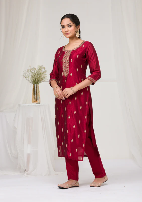 Maroon Sequins Raw Silk Readymade Salwar Suit - Image 2