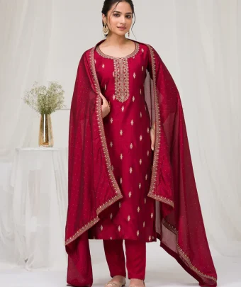 Maroon Sequins Raw Silk Readymade Salwar Suit