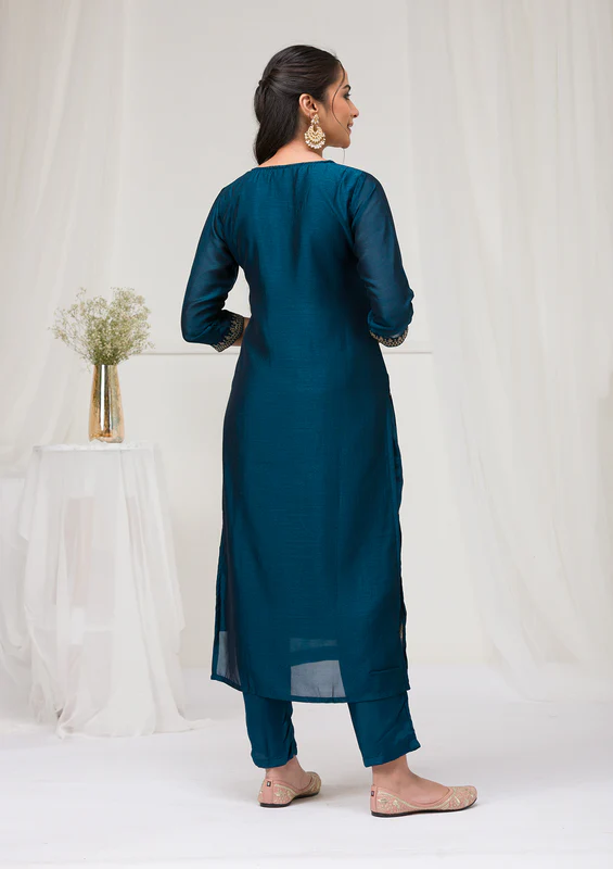 Peacock Blue Sequins Raw Silk Readymade Salwar Suit - Image 4