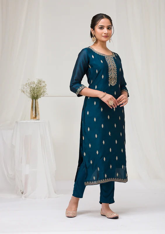 Peacock Blue Sequins Raw Silk Readymade Salwar Suit - Image 2
