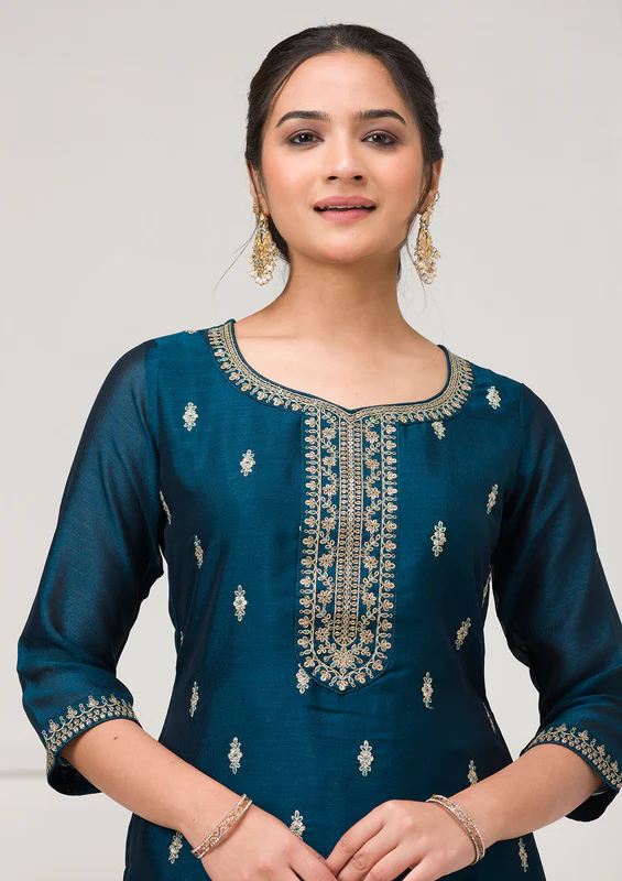 Peacock Blue Sequins Raw Silk Readymade Salwar Suit - Image 3