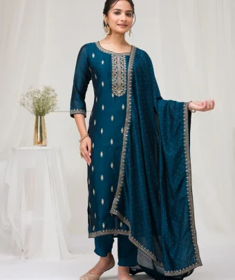 Peacock Blue Sequins Raw Silk Readymade Salwar Suit