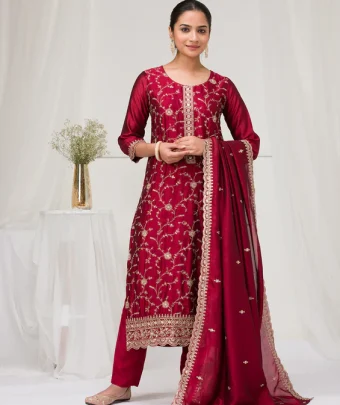 Maroon Threadwork Raw Silk Readymade Salwar Suit