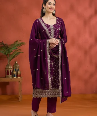 Purple Threadwork Raw Silk Readymade Salwar Suit
