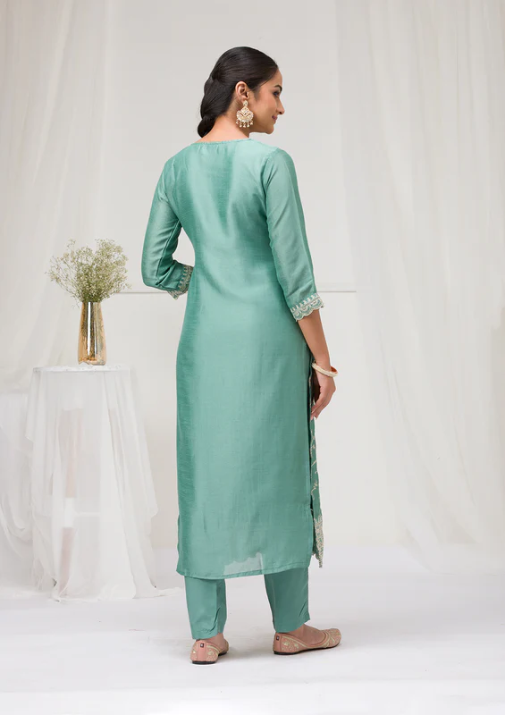 Sea Green Threadwork Raw Silk Readymade Salwar Suit - Image 4