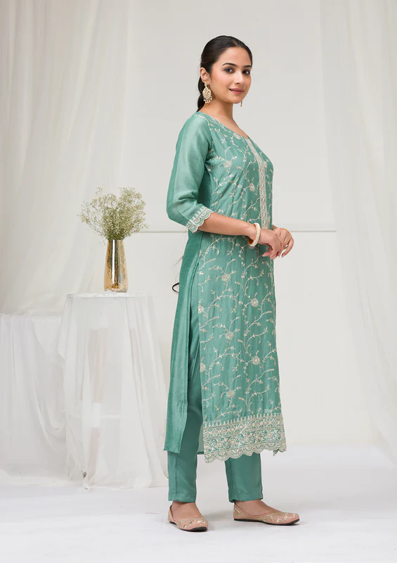 Sea Green Threadwork Raw Silk Readymade Salwar Suit - Image 2