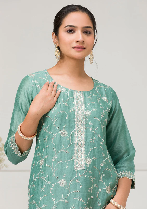 Sea Green Threadwork Raw Silk Readymade Salwar Suit - Image 3