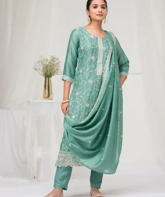 Sea Green Threadwork Raw Silk Readymade Salwar Suit