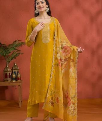 Mustard Threadwork Raw Silk Readymade Salwar Suit