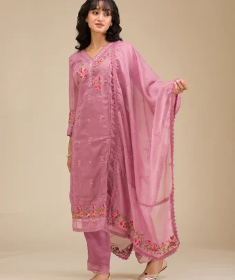 Mauve Threadwork Crepe Readymade Salwar Suit