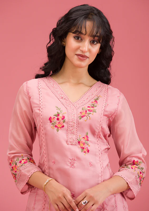Onion Pink Threadwork Crepe Readymade Salwar Suit - Image 2