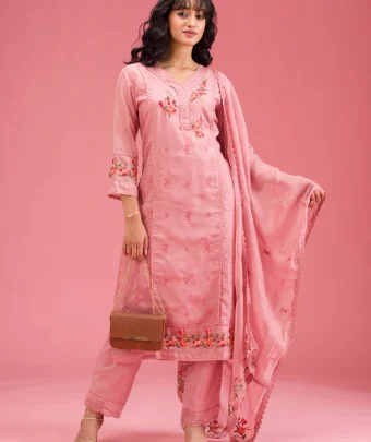 Onion Pink Threadwork Crepe Readymade Salwar Suit