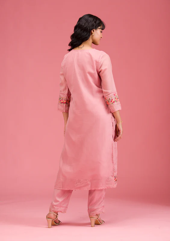 Onion Pink Threadwork Crepe Readymade Salwar Suit - Image 3